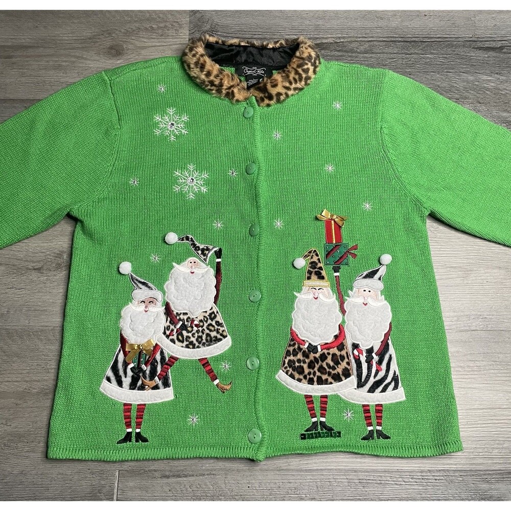 Vtg Crystal Globe Cardigan Sweater Women’s Green Christmas Leopard Santa US L
